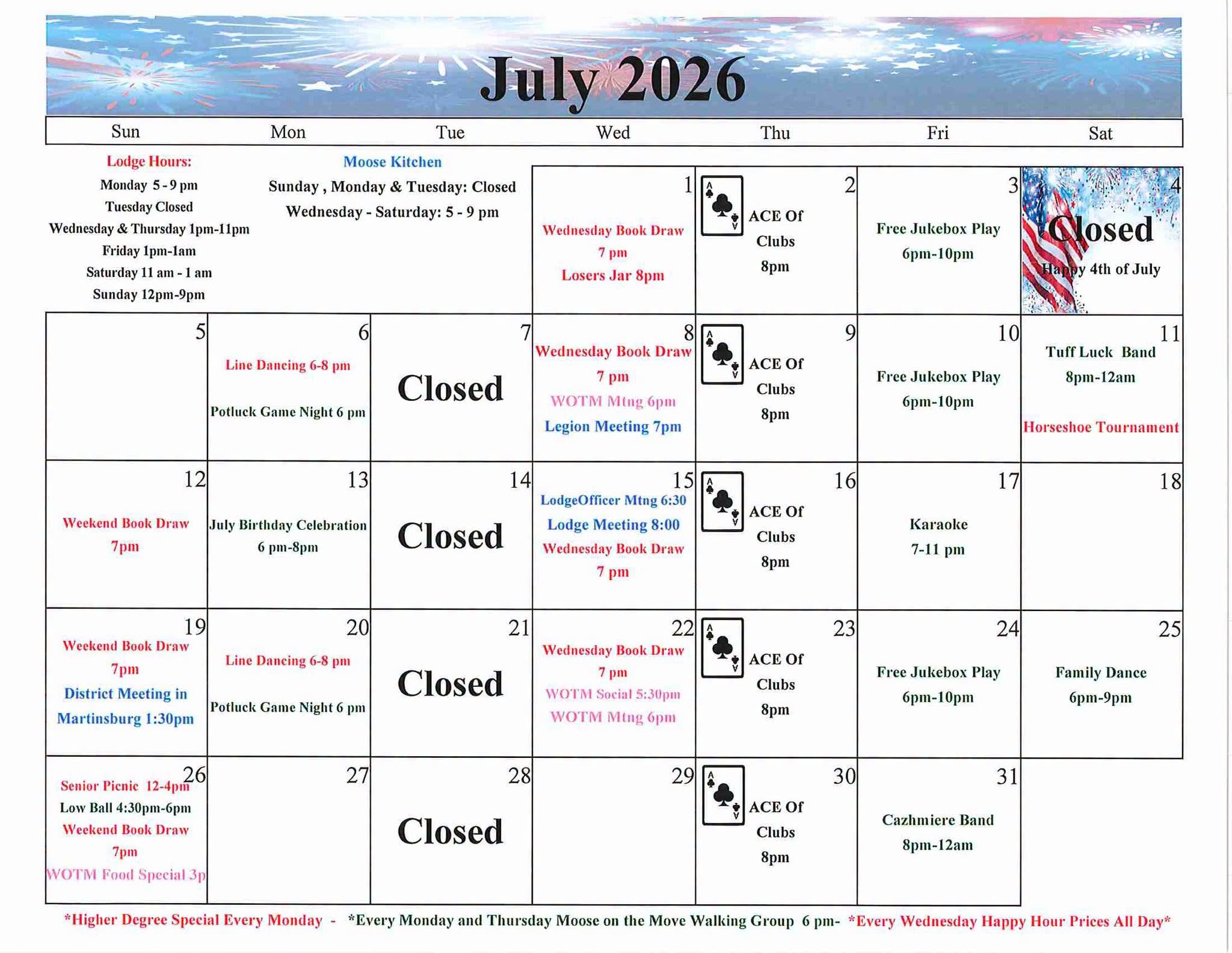 July 2026 Lodge Calendar